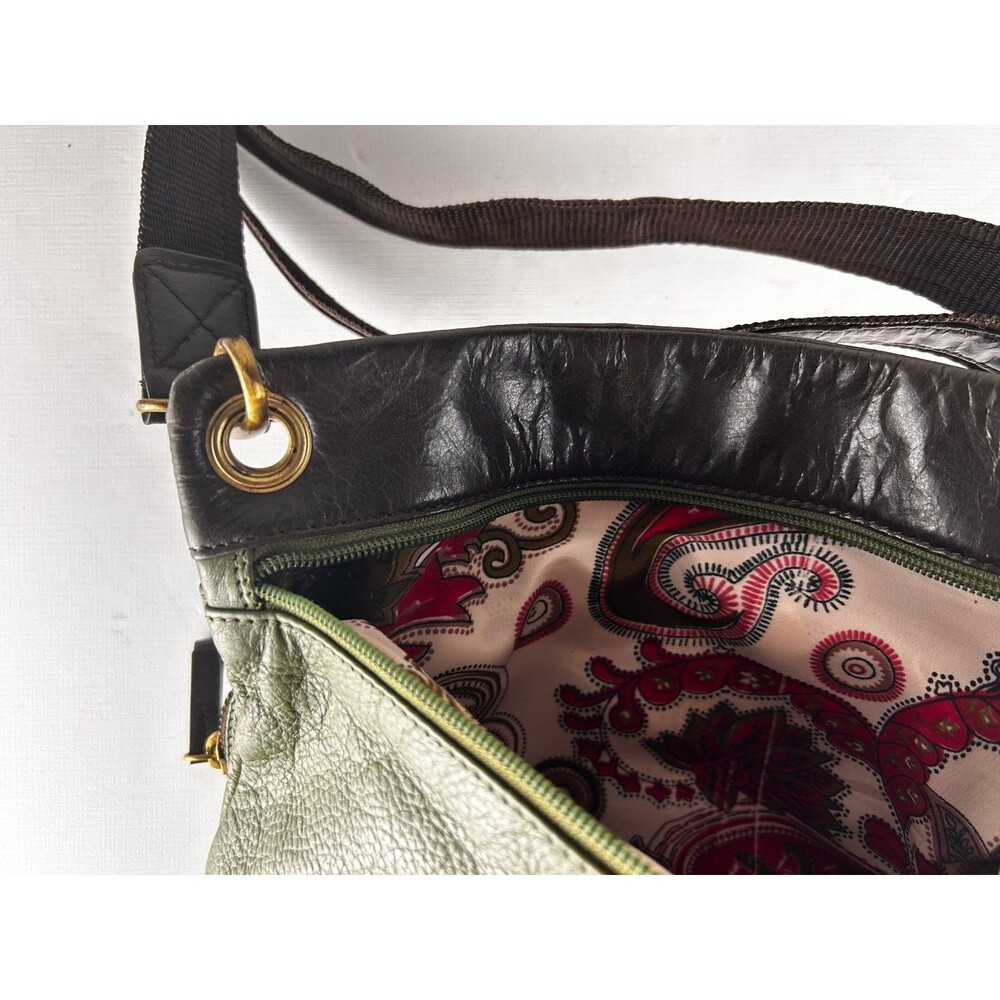 Americana by Sharif Vintage Army Green & Brown Leather Crossbody Gold Lions Gate - Picture 9 of 11